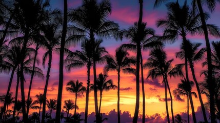 Naklejka premium Silhouetted Palm Trees at Vibrant Sunset