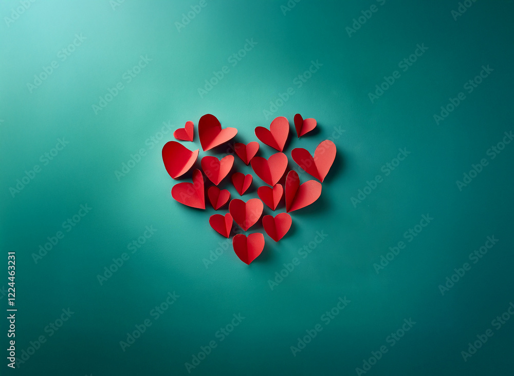 Poster a teal background is adorned with a large heart shape created from numerous smaller, red paper heart