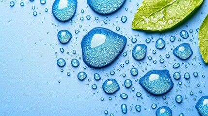A photostock of crystal-clear water droplets on a light blue background, evoking a sense of freshness and purity, perfect for skincare or beverage ads. High Quality