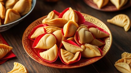 A collection of fortune cookies with red and gold wrappers, placed on a festive Chinese New Year table