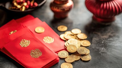 A festive scene of Chinese New Year gift exchange with red envelopes, golden coins, and traditional gifts on a decorated table