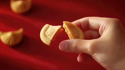 A hand breaking open a fortune cookie, revealing a message of luck and prosperity for the Chinese New Year