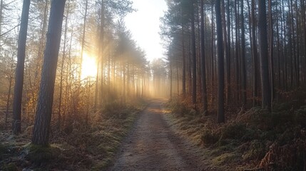 Fototapeta premium A serene panoramic view of a misty autumn forest at sunrise, with sunlight filtering through the trees and creating a magical atmosphere on a quiet forest path.