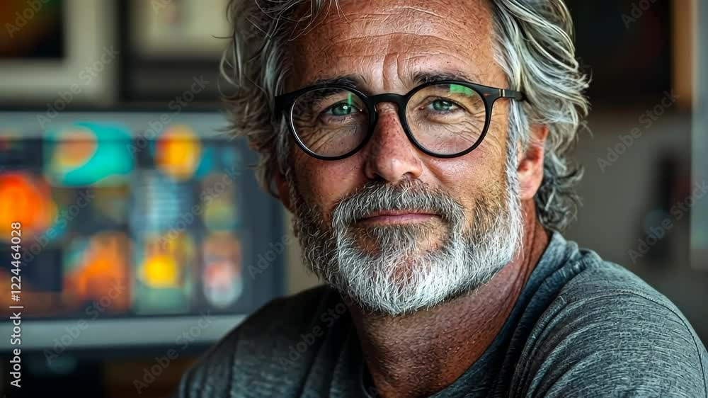 Poster man with glasses is sitting in front of a computer monitor. he is smiling and he is happy