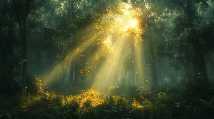 Soft sunbeams breaking through the dense forest canopy at dawn