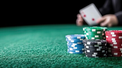Naklejka premium Stacks of colorful poker chips sit on a green felt table while a player holds a playing card in the blurred background.