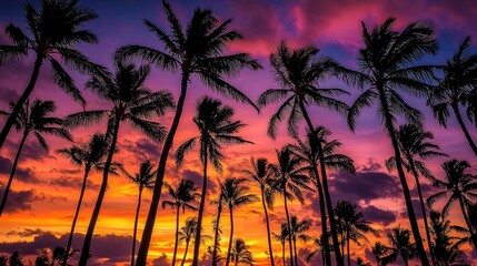 Naklejka premium Silhouetted Palm Trees at Sunset Tropical Paradise
