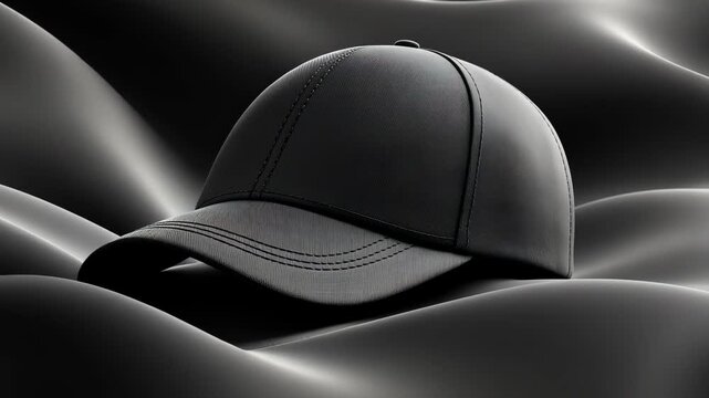 Black baseball cap is placed on a black tablecloth. The hat is positioned in the center of the tablecloth, and it is the only object on the surface. The hat is made of leather