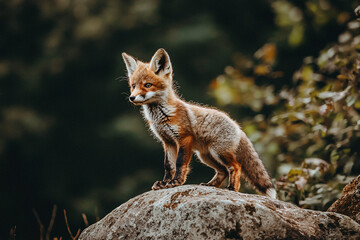 Young fox standing on a rock in a lush forest, showcasing wildlife in a serene natural setting