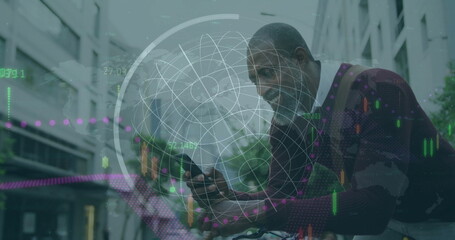 Image of financial data processing over african american man using smartphone