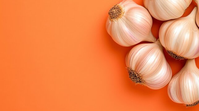 A photostock of fresh garlic cloves and bulbs scattered elegantly on a neutral background, emphasizing natural culinary textures. High Quality
