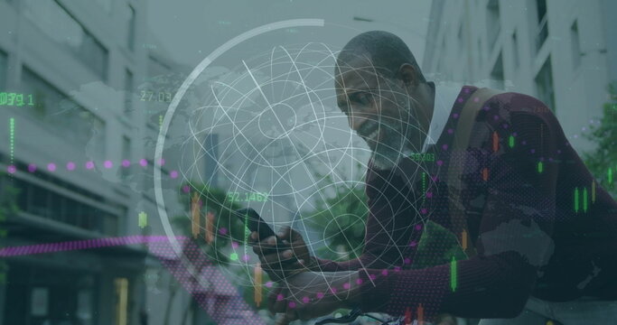 Image of financial data processing over african american man using smartphone