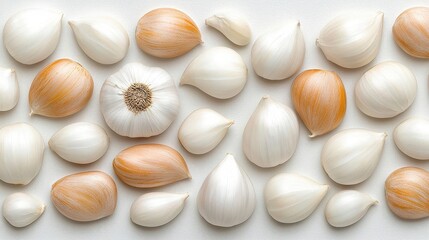 A photostock of fresh garlic cloves artistically arranged with bold lighting on a clean background, showcasing natural textures. High Quality