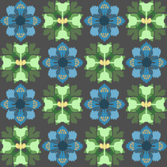 Blue and green floral ikat embroidery seamless background pattern with floral motifs. Design for wallpaper, carpet, curtains, tiles, blankets, and clothing.