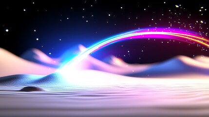 Obraz premium Abstract Glowing Rainbow Arc Over Pixelated Landscape