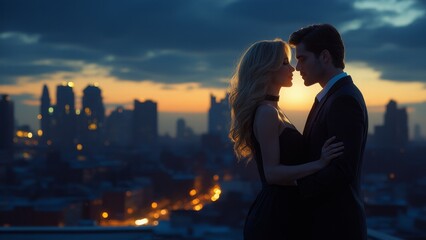 Stylish couple in elegant dark outfits stand on a rooftop at sunset with a blurred cityscape in the background, exuding a romantic, mysterious and luxurious atmosphere.