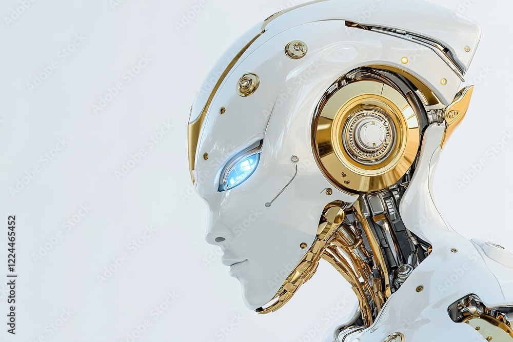 Poster humanoid robot designed with polished chrome and gold elements. it has softly glowing blue eyes and 