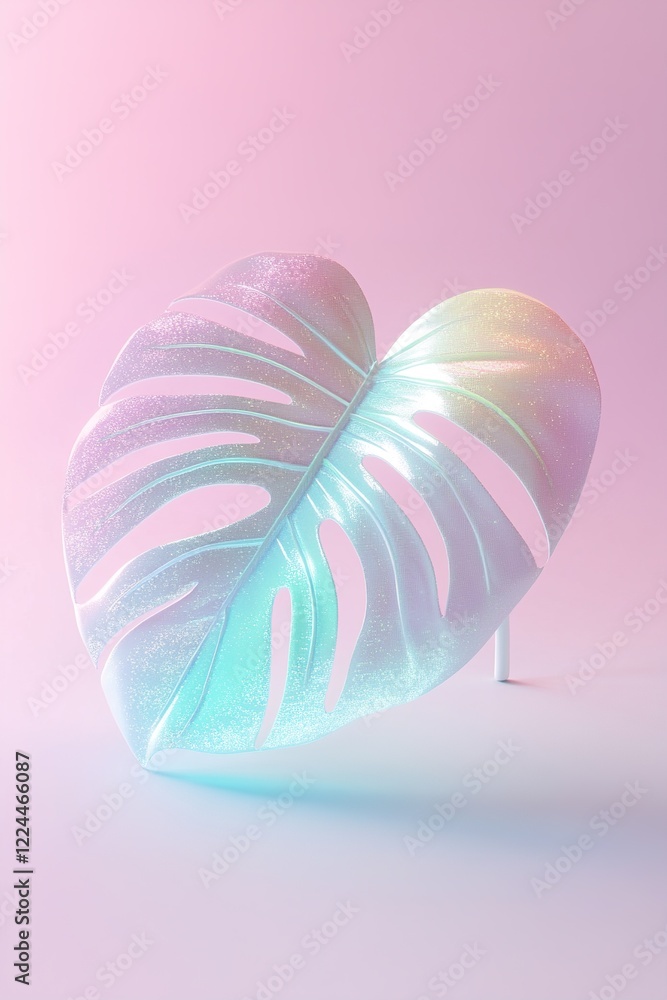 Aufkleber a large monstera leaf emits a soft glow with neon green and blue highlights, suspended in a clean sp
