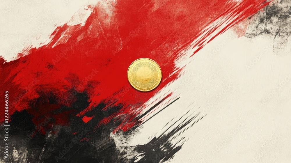 Poster abstract minimalist design with subtle red brushstrokes and a small gold chinese coin in the center.