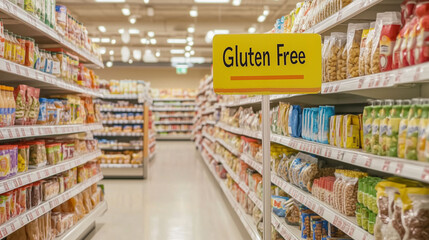 Fototapeta premium Gluten free sign for food products in shopping center shelves 