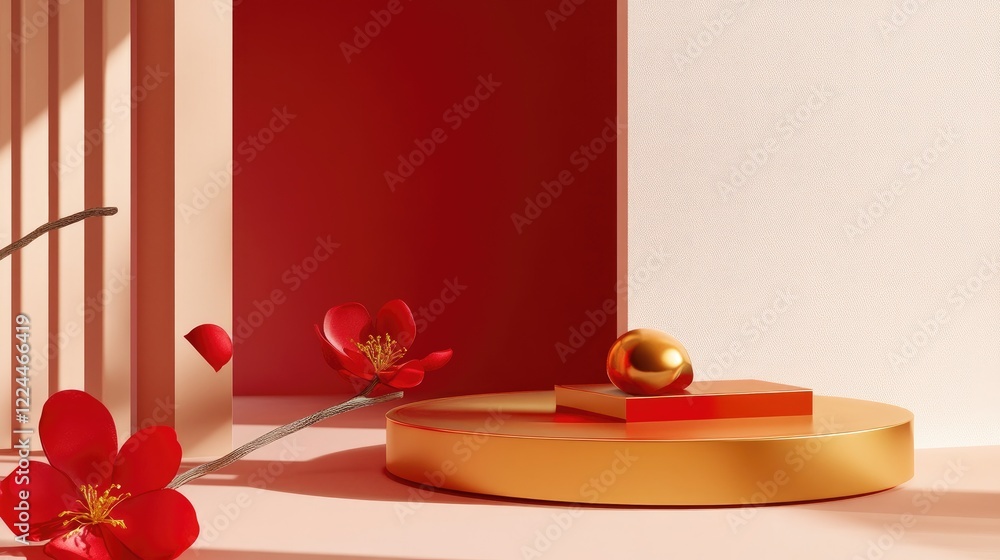 Poster clean and minimalist composition with geometric red and gold shapes representing chinese new year.