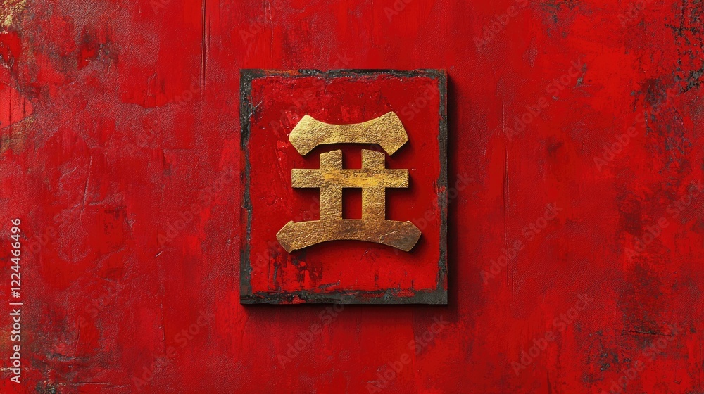 Poster clean and simple chinese new year art with a red background and a single golden symbol of luck.