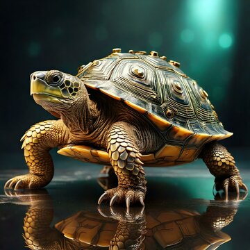 A majestic turtle with a golden shell and intricate patterns.
