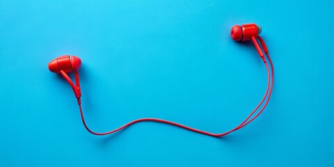 Bright Red Wireless Earbuds on Vibrant Blue Background - Minimalist Top View