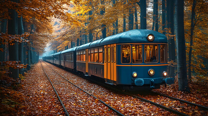Obraz premium Autumn train journey through forest, fall foliage