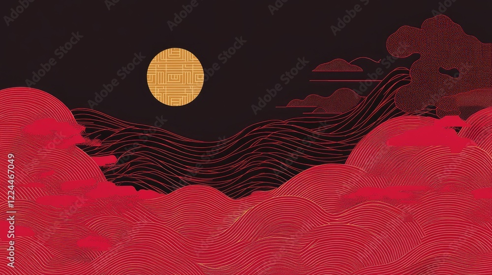 Poster minimalist chinese new year design featuring a single gold ingot surrounded by soft red lines and pa