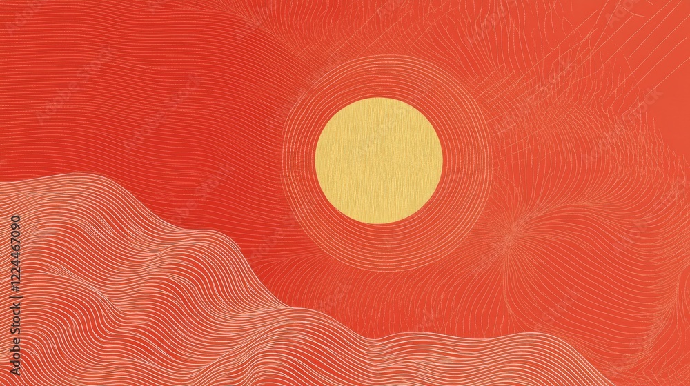 Poster minimalist chinese new year design featuring a single gold ingot surrounded by soft red lines and pa