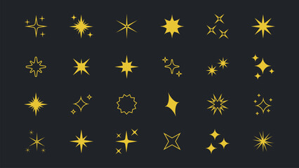 Set of contemporary yellow star sparkle shapes. Abstract shine effect vector sign. Retro futuristic bright vector icons collection. Glowing light effect, twinkle templates stars and bursts.