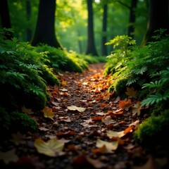 Obraz premium Softly lit forest floor with fallen leaves and ferns, nature's carpet, leafy undergrowth