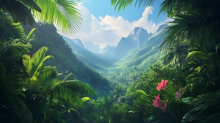 lush tropical valley with towering green mountains image