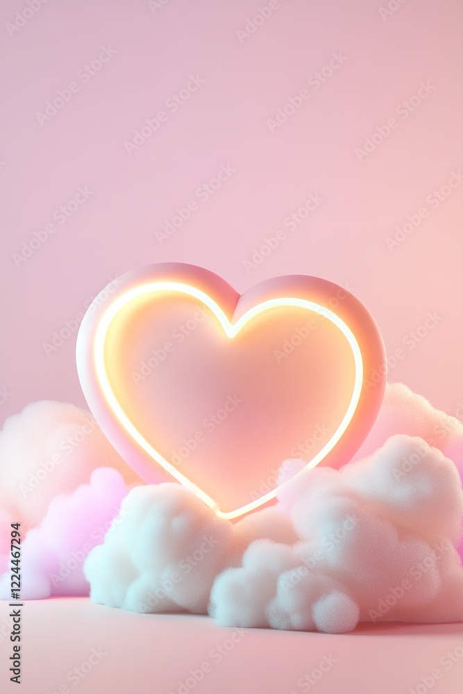 Poster a large glowing rainbow heart radiates joyful light, embraced by fluffy pastel clouds against a soft