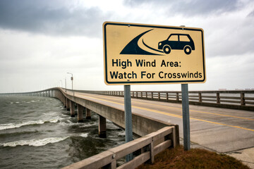 A warning sign on a bridge advises drivers about high winds and crosswinds, with a stormy sky and turbulent water in the background.