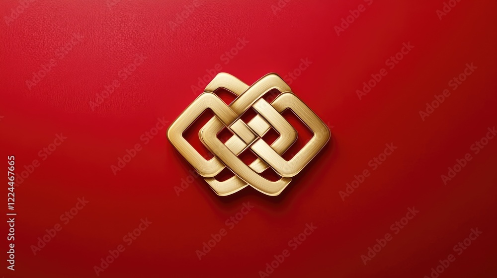 Poster simple design with a stylized chinese knot in gold on a soft red background for a festive feel.