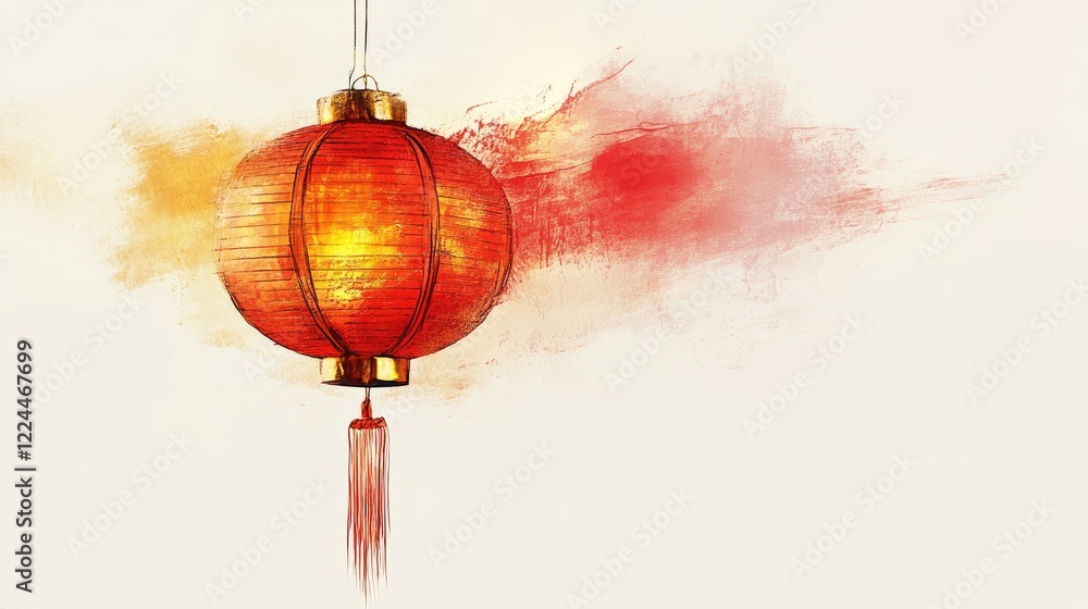 Poster simple new year design with a golden lantern and minimalistic red brushstrokes, creating a festive a