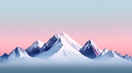 Fototapeta premium Snow covered mountain peaks against pink sky at dusk with purple shadows in winter landscape