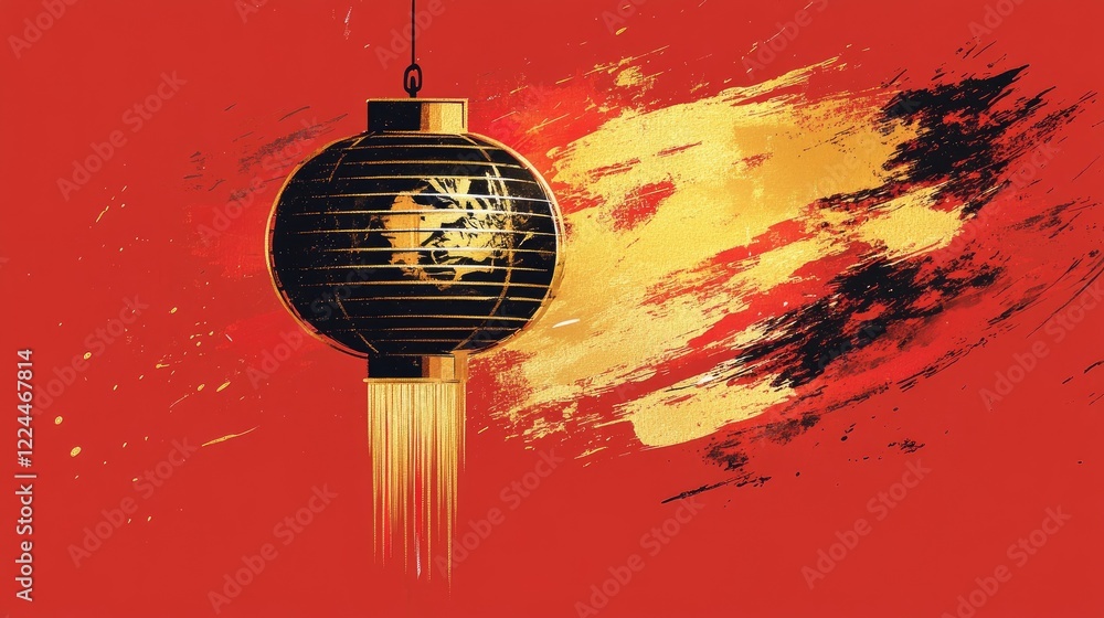 Poster simple new year design with a golden lantern and minimalistic red brushstrokes, creating a festive a