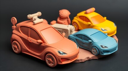 Obraz premium A sculptural clay art piece depicting electric vehicles, autonomous features, and safety technologies with modeled shapes, vibrant complementary colors.