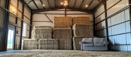 Hay bales stacked in a barn with a couch, rustic interior