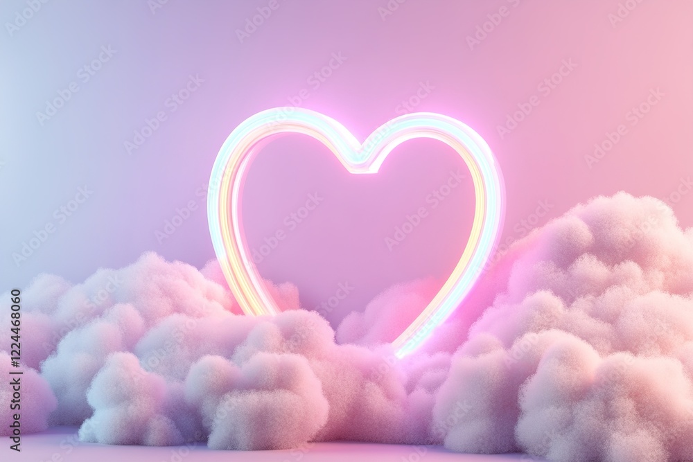 Poster a luminous rainbow heart radiates against a soft gradient backdrop, enveloped by fluffy pastel cloud