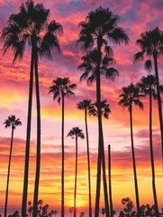 Obraz premium Silhouetted Palm Trees at a Vibrant Sunset
