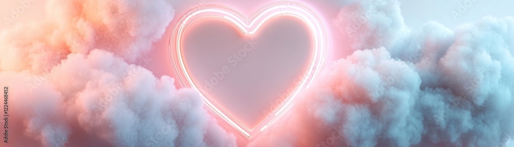 Poster a large glowing rainbow neon heart stands out against soft pastel clouds, creating a vibrant atmosph