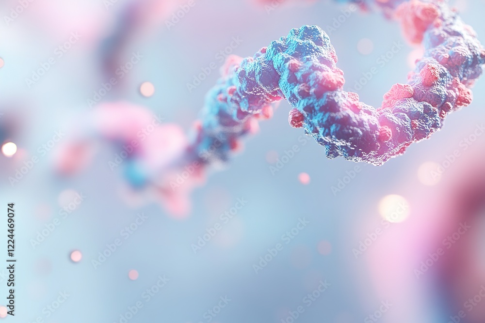 Poster a vibrant neon blue and pink dna strand hovers in a minimal white environment, surrounded by luminou