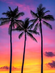 Three Palm Trees Silhouetted Against Vibrant Sunset Sky