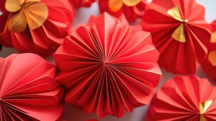 Obraz premium Handmade Chinese New Year decor featuring intricately folded red paper lanterns with gold accents.