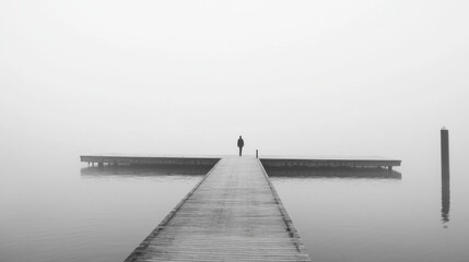 Solitary figure walking on a foggy pier extending over calm water.
