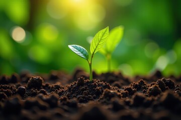Coffee plantlets emerge from rich soil amidst foliage , sprout, plant life, seedlings